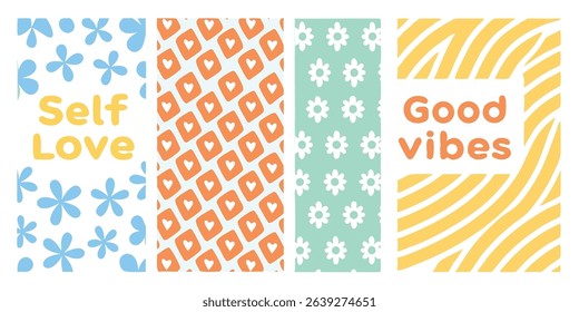 Set of four colorful graphic designs promoting self love and good vibes with floral and abstract patterns