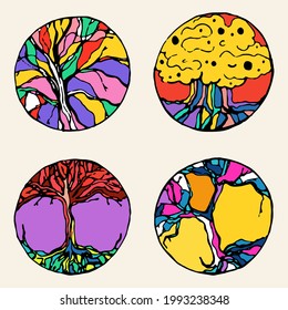 A set of four colorful hand-drawn illustrations. Round Pop Art Logos. Vintage hipster emblems for interiors, covers, covers, icons, stories. Contrasting backgrounds with trees, foliage, roots.
