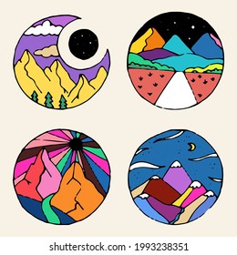 A set of four colorful hand-drawn illustrations. Round Pop Art Logos. Vintage hipster emblems for interiors, covers, covers, icons, stories. Contrasting backgrounds with mountains, sun, landscape.