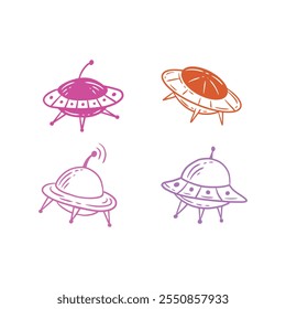 Set of four colorful hand-drawn UFO illustrations in different styles on a white background. Vector elements for alien, space, and sci-fi themes.