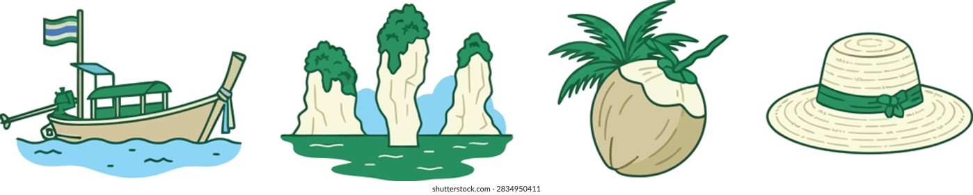 A set of four colorful hand-drawn vector illustrations featuring a traditional Thai longtail boat, limestone karst islands, a fresh coconut, and a sun hat.