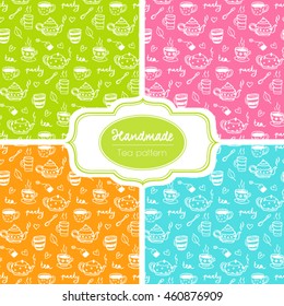 Set of four colorful handmade tea party pattern with outline drawing teapot and teacup hearts and leafs