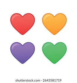 Set of four colorful heart icons in red, orange, purple, and green. Glossy 3D style design representing love, emotions, feelings, and affection. Perfect for apps, stickers, or web design.