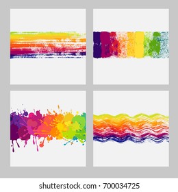 Set of four colorful horizontal banners with paint stains and splatters. Vector colorful banners with white background.