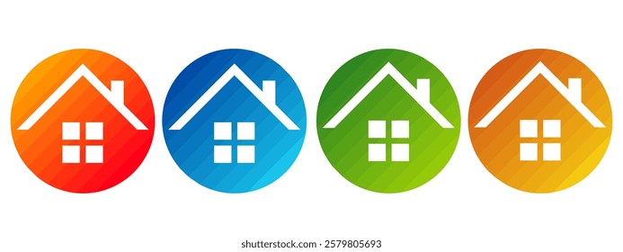 Set of four colorful house logo icons with white home silhouettes on gradient circular backgrounds. Ideal for real estate, property business, home services, and construction branding.