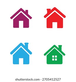 Conjunto de cuatro iconos coloridos del vector de la casa en estilo plano de la silueta. Símbolos universales para el hogar, bienes raíces, propiedad residencial, navegación por Web (Botón doméstico) o concepto de construcción de edificios.