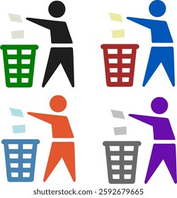 A set of four colorful icons illustrating a person properly disposing of paper waste into a trash bin. Ideal for recycling campaigns, public signage, and eco-friendly designs