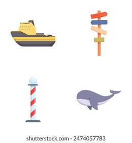 Set of four colorful icons representing travel and marine life, including a ship, signpost, lighthouse, and whale