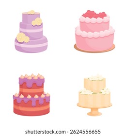 Set of four colorful illustrated cakes, perfect for celebrations and parties