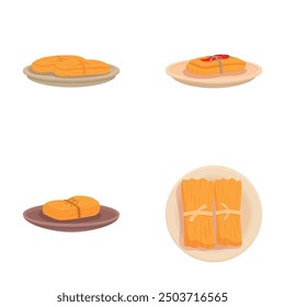 Set of four colorful illustrations of different cheese wedges on plates, isolated on white background