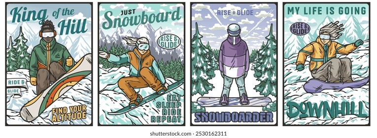 Conjunto de cuatro ilustraciones coloridas con snowboarders disfrutando de la emoción de los deportes de invierno, deslizándose por las laderas nevadas de las montañas contra un telón de fondo de picos majestuosos