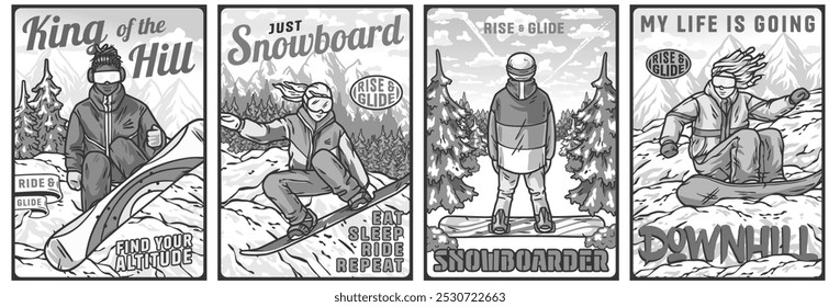 Conjunto de cuatro ilustraciones coloridas con snowboarders disfrutando de la emoción de los deportes de invierno, deslizándose por las laderas nevadas de las montañas contra un telón de fondo de picos majestuosos