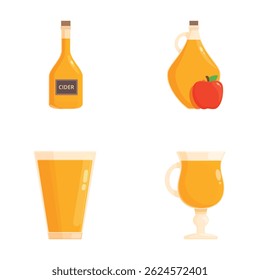 Conjunto de cuatro ilustraciones coloridas con diferentes tipos de recipientes de sidra de manzana y vasos