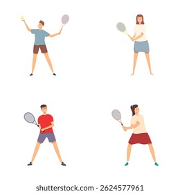 Conjunto de quatro ilustrações coloridas com indivíduos em várias poses jogando tênis