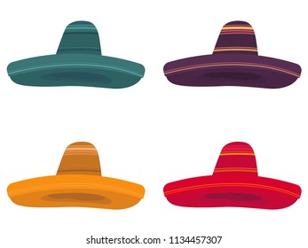 Set of four colorful illustrations of a sombrero on white background