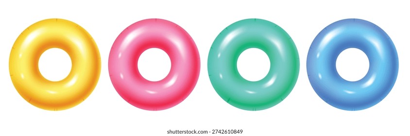 Set of Four Colorful Inflatable Swim Rings for Summer Pool Fun Isolated on White Background