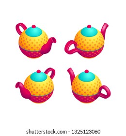 Set of four colorful isometric vector tea pots isolated on white background. Round pots with polka dot pattern in retro style for tea related designs - tea party invitation, tea shops, porcelain shops