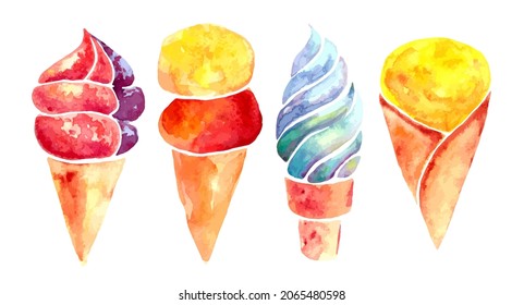 Set of four colorful and joyful summer ice creams in waffle cone, isolated on white background.