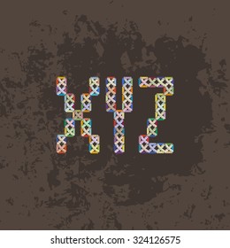 Set of four colorful knitted, embroidered or macrame capital letters of the Latin alphabet. X, Y and Z.
