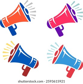 A set of four colorful megaphone icons in orange, pink, blue, and red with sound waves. A creative representation of communication, alerts, and warnings