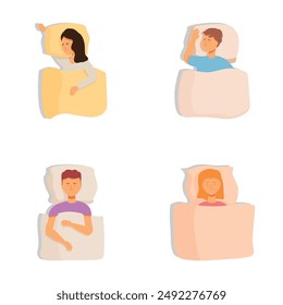 Set of four colorful minimalistic illustrations showing different sleeping postures