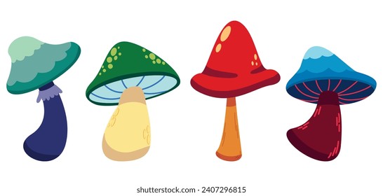 Set of four colorful mushroom vector illustrations