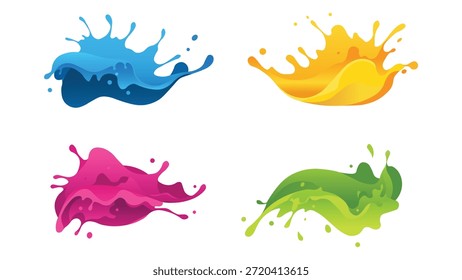 Un conjunto de cuatro coloridas salpicaduras de pintura en tonos azules, naranjas, púrpuras y verdes, cada uno con salpicaduras y gotitas dinámicas, creando una composición animada y artística aislada sobre fondo blanco