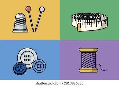 Set of four colorful panels featuring sewing accessories such as a thimble, measuring tape, buttons, and thread.