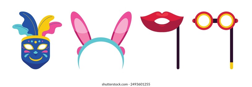 Set of four colorful party masks. The mask set includes a carnival mask, bunny ears headband, red lips, and glasses.