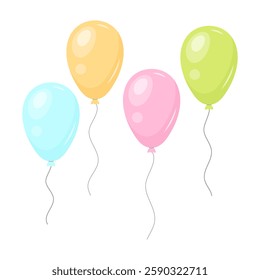 Set of four colorful pastel balloons. Perfect for birthday invitations, party decorations, and children's designs. Vector illustration.