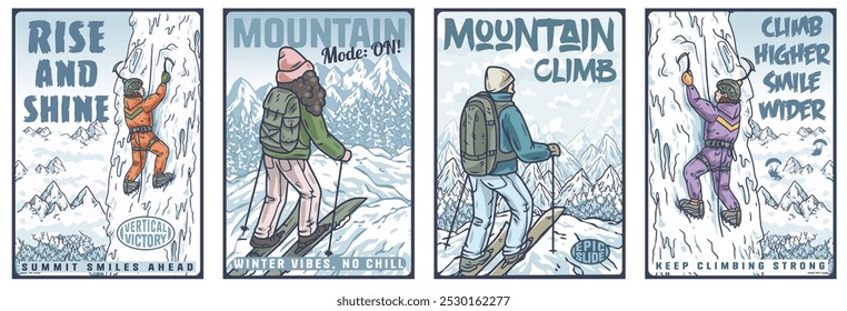 Set of four colorful posters featuring people enjoying winter sports in a mountain landscape, perfect for promoting outdoor activities and a healthy lifestyle