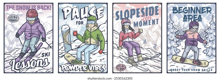 Set of four colorful posters with men and women practicing winter sports, going downhill, enjoying the snow, snowboarding and skiing on mountains