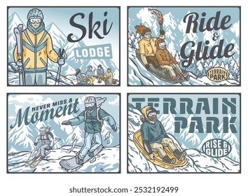 Set of four colorful posters in vintage style with snowboarders, skiers and people sledding down the slopes. Winter poster or sign for winter sport