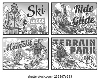 Conjunto de quatro cartazes coloridos em estilo vintage com snowboarders, esquiadores e pessoas deslizando pelas encostas. Cartaz ou sinal de inverno para esportes de inverno