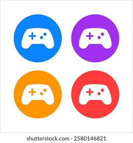 A set of four colorful circles—blue, purple, orange, and red—each containing a white gamepad icon