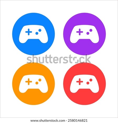 A set of four colorful circles—blue, purple, orange, and red—each containing a white gamepad icon