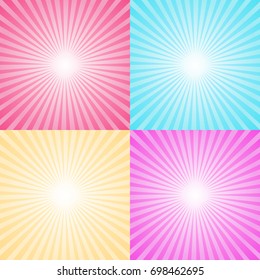 Set of four colorful ray backgrounds. Vector sun and circus rays.