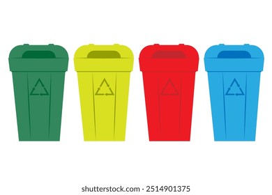 Set of Four Colorful Recycling Bins for Waste Separation and Environmental Sustainability