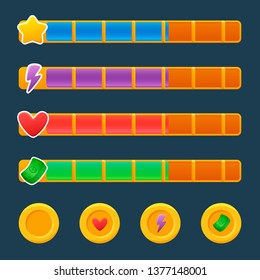 Set of four colorful resource bar and coins in cartoon style isolated on dark background. Vector kit for game development, gui design, ui elements.