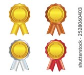 A set of four colorful ribbon badges featuring gold, bronze, silver, and ruby colors. Each badge has a round design with laurel wreaths and stars, perfect for representing awards and achievements.