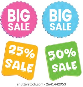 A set of four colorful sales graphics including two scalloped circular Big Sale badges in pink and blue, and two angled, rectangular tags in orange and green indicating 25% Sale and 50% Sale
