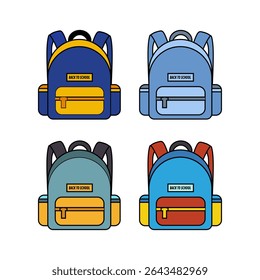 A set of four colorful school backpacks, each with a "BACK TO SCHOOL" label. Ideal for educational materials, student life, and school-related designs.