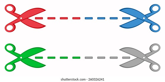 set four colorful scissors with dotted lines