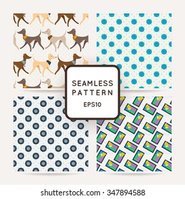 Set of four colorful seamless pattern. Phones, dots, buttons. For kids and textile.