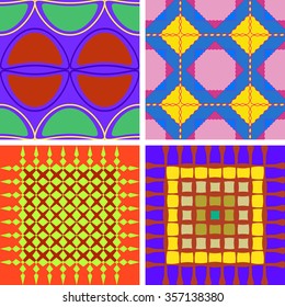 A set of four colorful seamless patterns of vector graphics