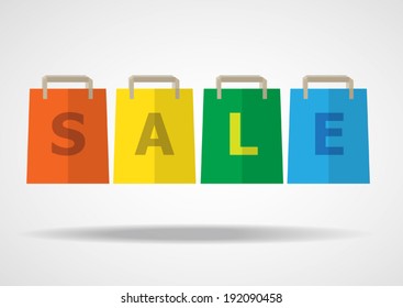 Set of four colorful shopping paper bag with sale label. Flat design.Vector EPS 10
