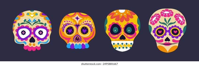 Set of Four Colorful Skulls