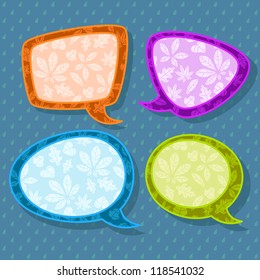 Set of four colorful speech bubbles with leaves on seamless raindrops pattern. Vector illustration