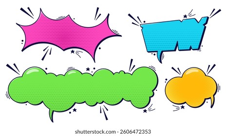 Set of four colorful speech bubbles with halftone elements and dark cute details and space for text.