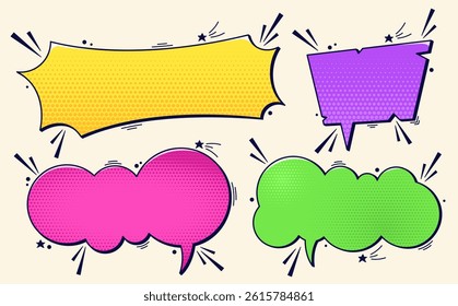 Set of four colorful speech bubbles with dark cute details and space for text.